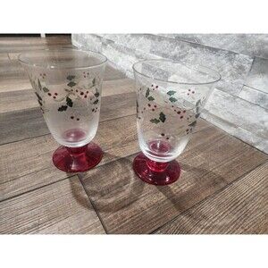 WINTERBERRY Pfaltzgraff Christmas 2 Footed Water Goblets 6” Etched Handpainted